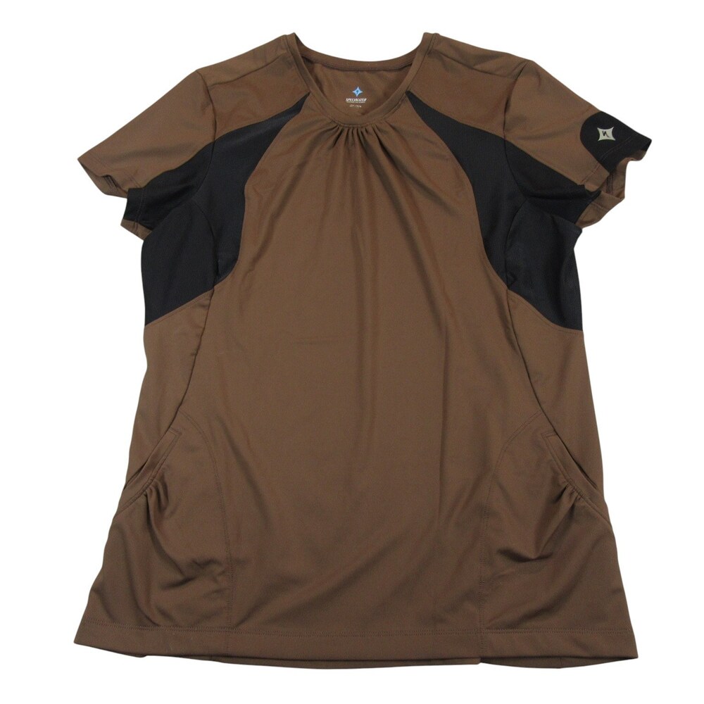 Specialized Womens T Shirt L Brown Stretch Polyester Spandex Pocket Short Sleeve